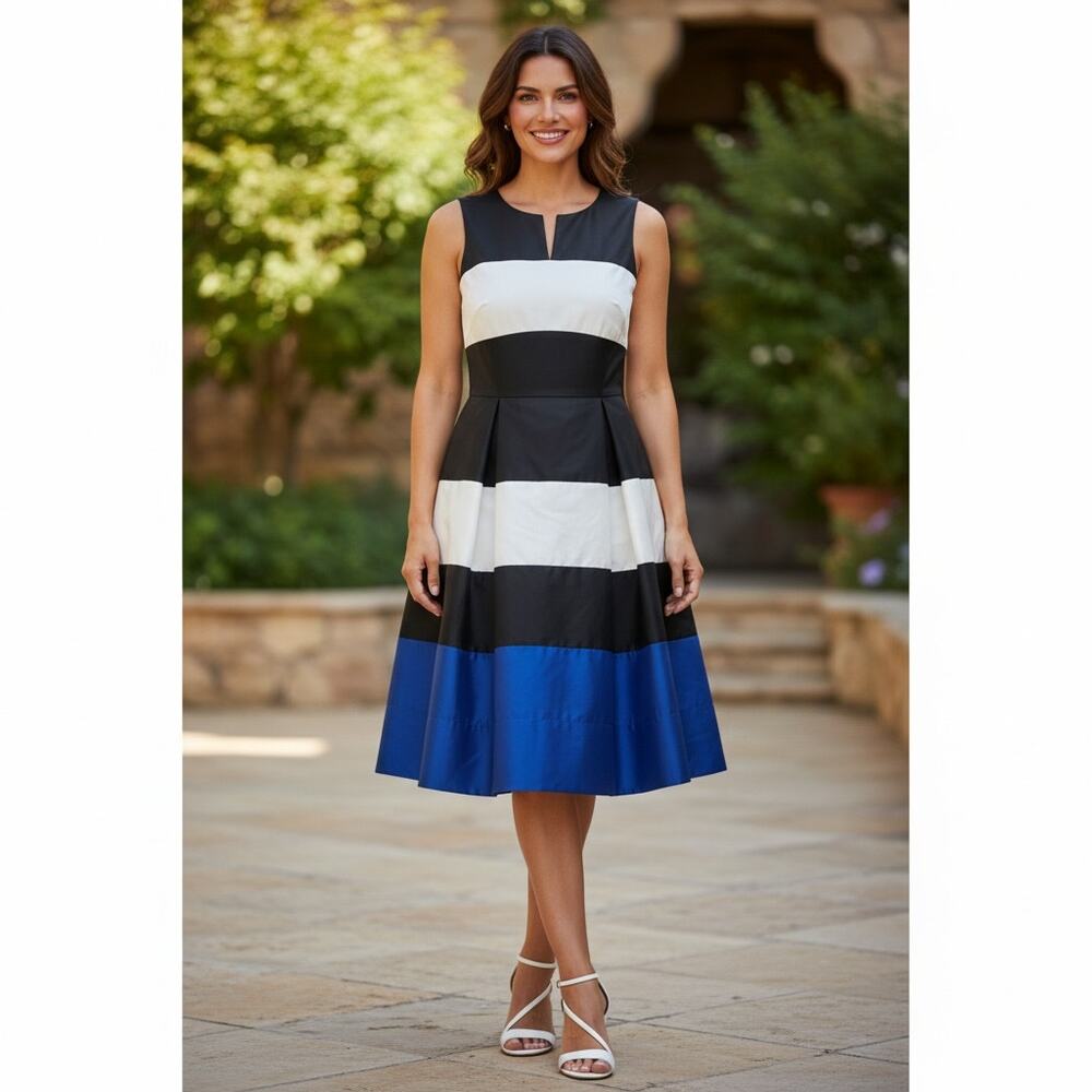 Kate Spade Corley Dress 2 Silk Cotton Colorblock Fit Flare Blue Black White